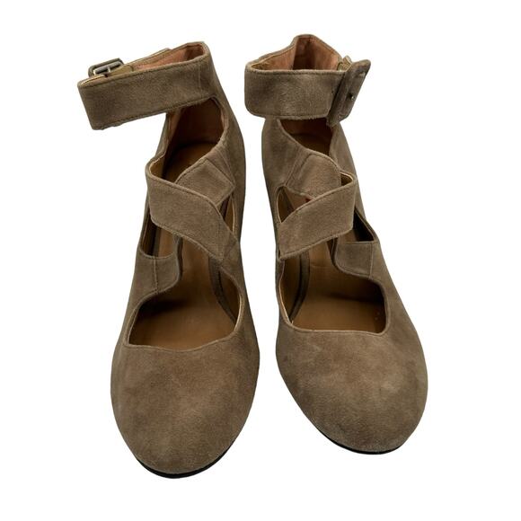 Halogen Tan Suede Crisscross Strappy Ankle Buckle Strap Booties Wedge Pumps 8.5M - Picture 5 of 12